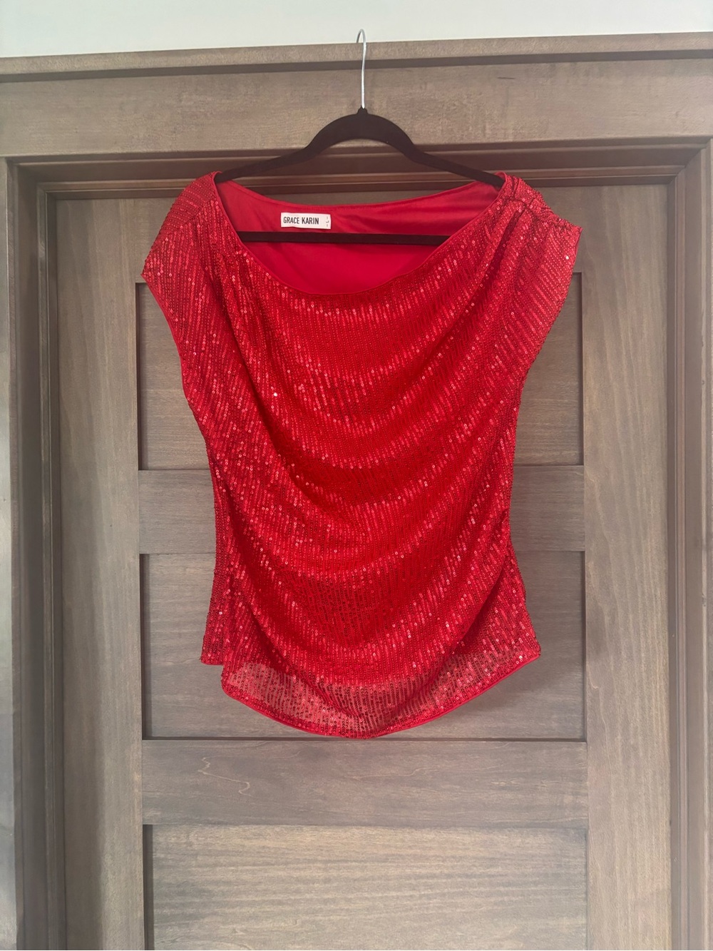 Grace Karin Red Sequin Drape-Front Camisole
